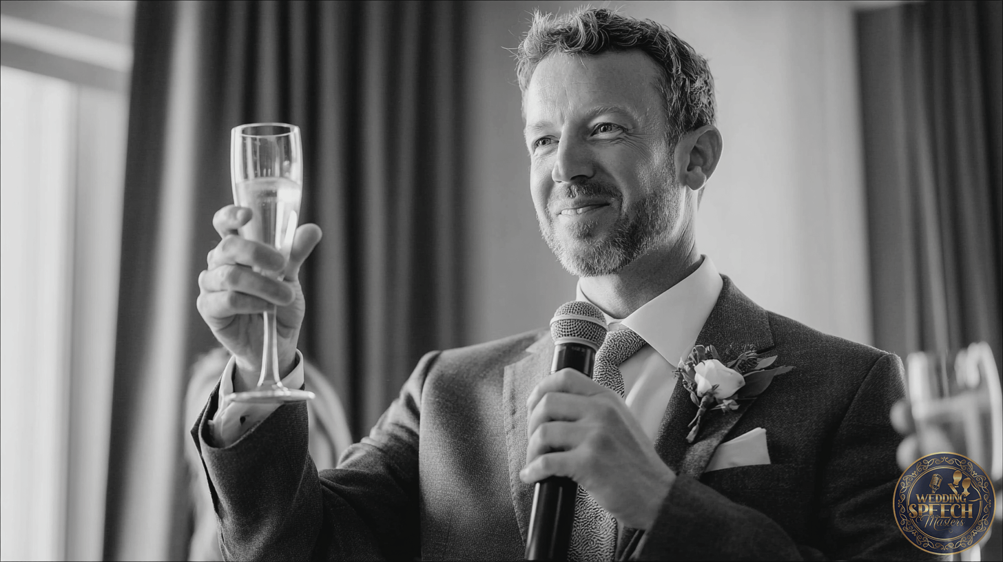 A man in a suit, holding a microphone and raising his glass in a Short and Sweet Toasts moment, smiles warmly with a flower boutonniere on his lapel.