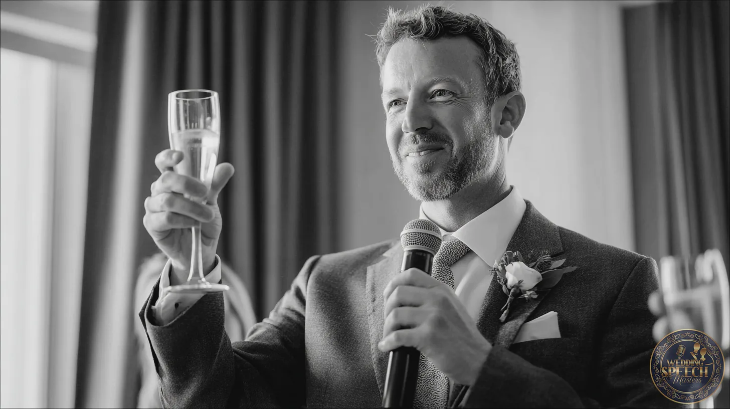 A man in a suit, holding a microphone and raising his glass in a Short and Sweet Toasts moment, smiles warmly with a flower boutonniere on his lapel.