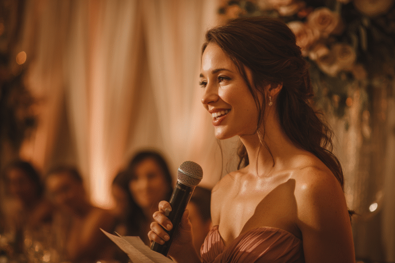 A woman in a strapless dress smiles while holding a microphone and a piece of paper, standing in front of a softly lit, elegant backdrop with floral arrangements.