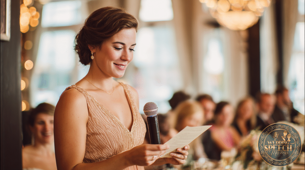A woman in a formal dress holds a microphone and reads from a piece of paper at an indoor event with seated guests in the background.