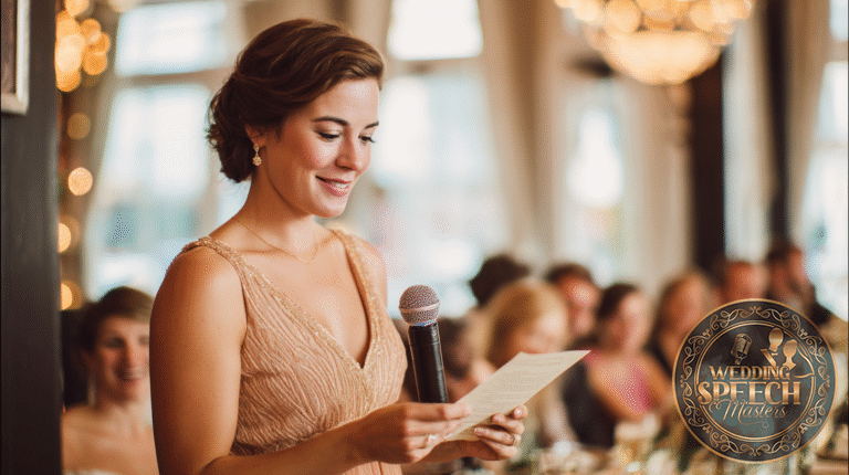 A woman in a formal dress holds a microphone and reads from a piece of paper at an indoor event with seated guests in the background.