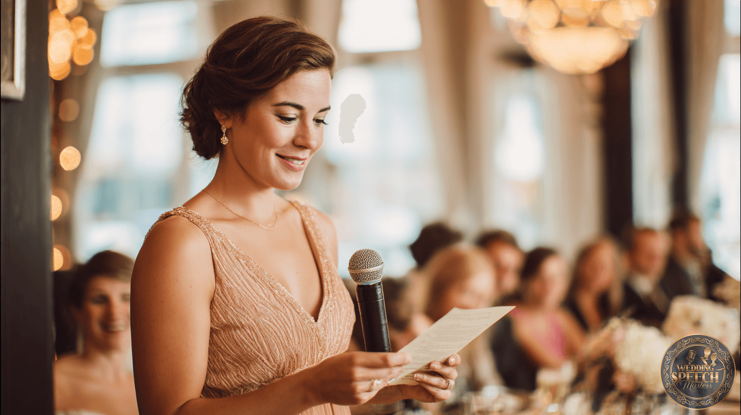A woman in a formal dress holds a microphone and reads from a piece of paper at an indoor event with seated guests in the background.