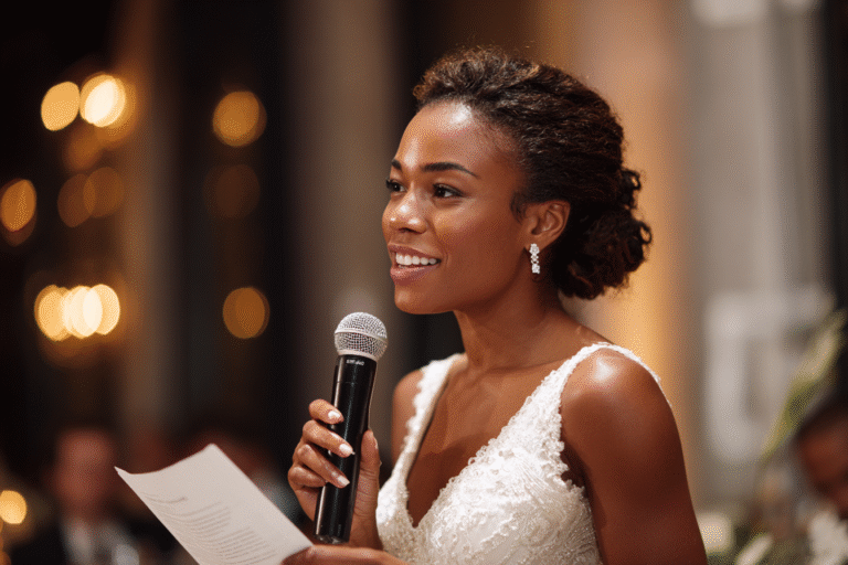 A woman in a white wedding dress holds a microphone and a sheet of paper, speaking at an indoor event with warm lighting.