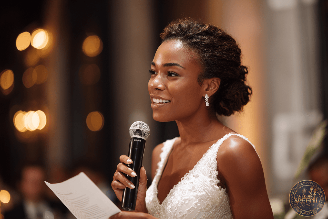 A woman in a white wedding dress holds a microphone and a sheet of paper, speaking at an indoor event with warm lighting.