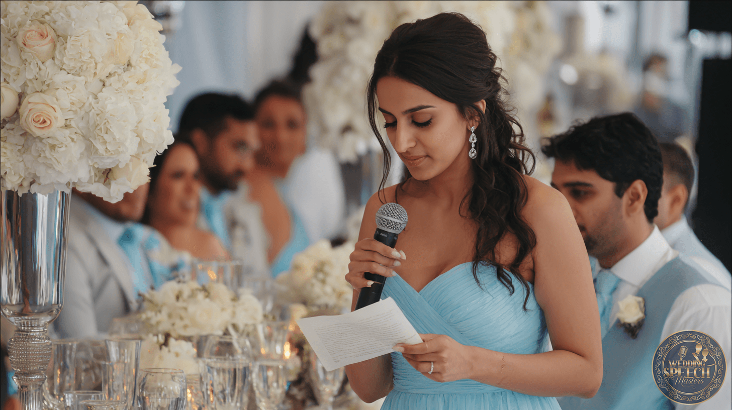 A woman in a light blue dress uses Speech Guides as she reads from a paper and holds a microphone at a formal event, with guests seated at a decorated table in the background.