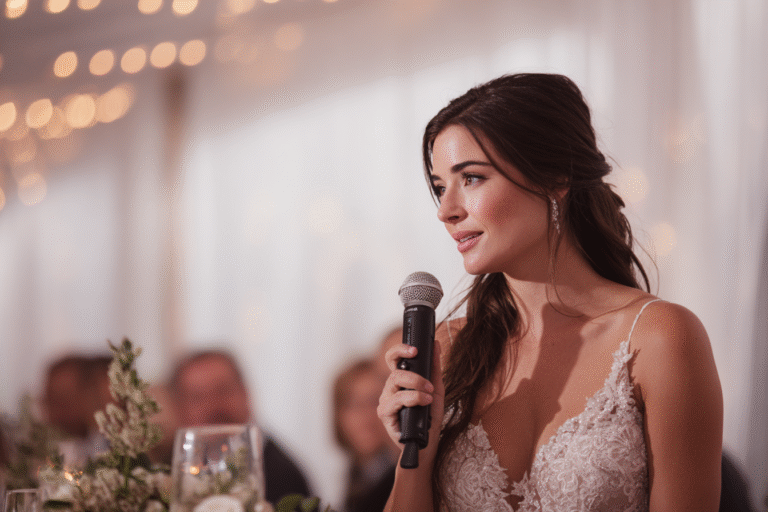 A woman in a light lace dress holds a microphone and speaks at an indoor event, with blurred people and string lights in the background.
