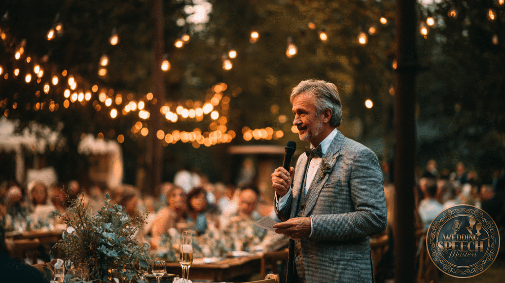An older man in a gray suit delivers a heartfelt message into a microphone at an outdoor event, following the Step Father of the Bride Speech Guide, with string lights and seated guests in the background.