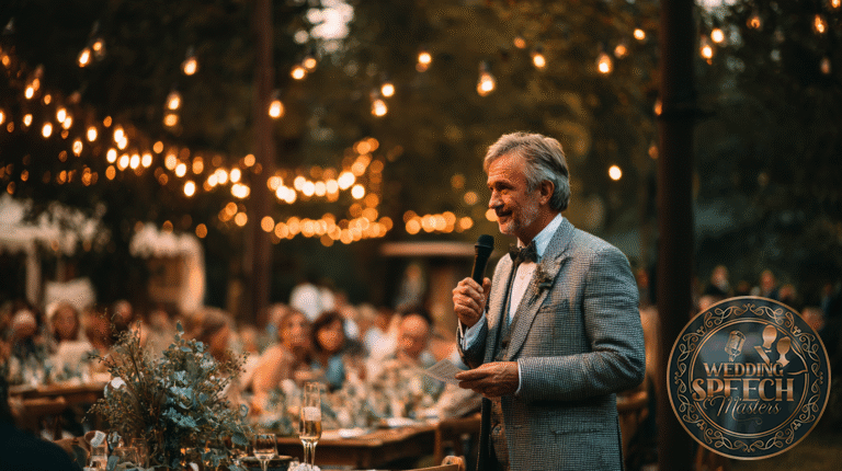 An older man in a gray suit delivers a heartfelt message into a microphone at an outdoor event, following the Step Father of the Bride Speech Guide, with string lights and seated guests in the background.