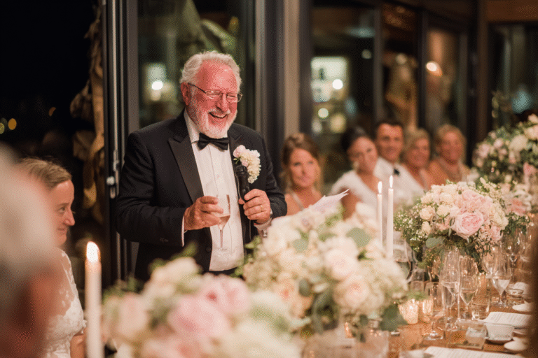 An older man in a tuxedo gives a speech while smiling at a formal dinner table decorated with flowers and candles, surrounded by seated guests.