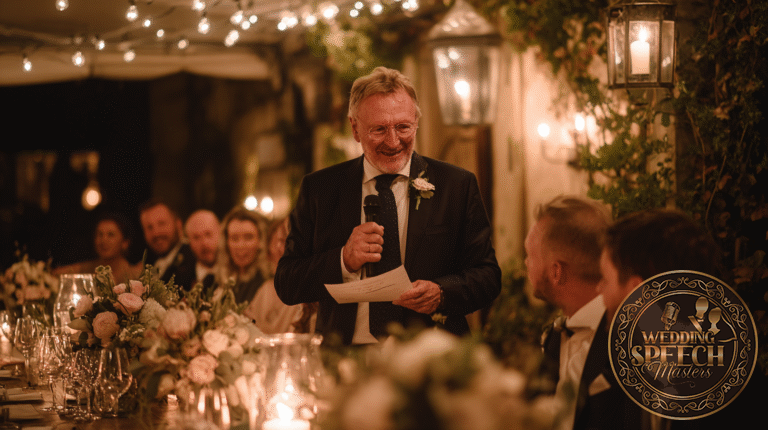 A man in a suit speaks into a microphone while holding a paper at a decorated, candle-lit dinner table with guests listening and smiling.