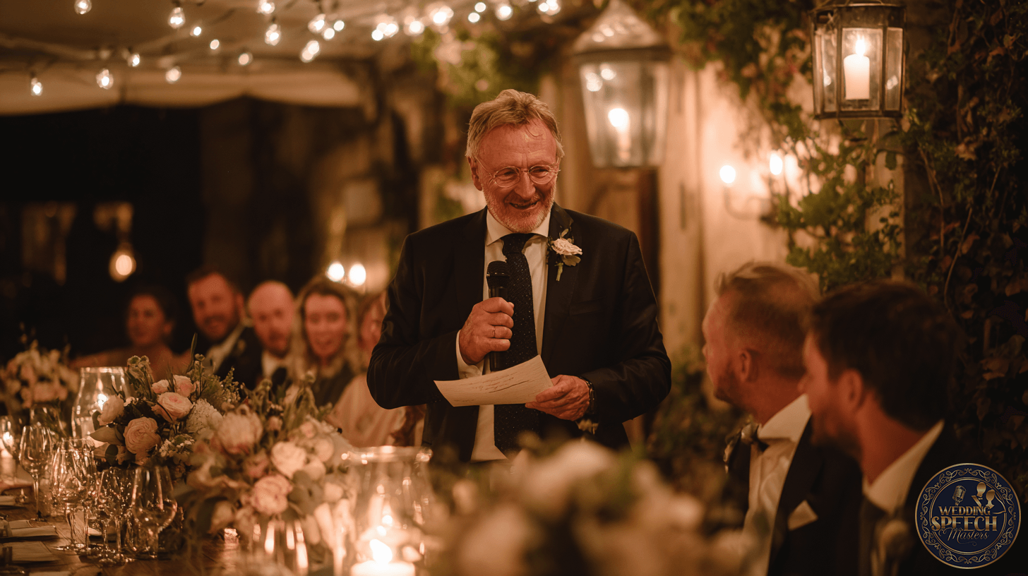 A man in a suit speaks into a microphone while holding a paper at a decorated, candle-lit dinner table with guests listening and smiling.