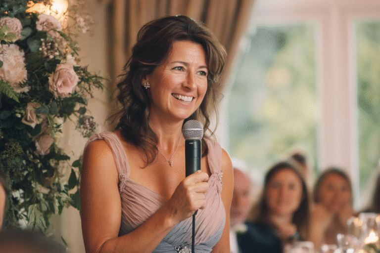 A woman in a formal dress holds a microphone and smiles while speaking at an indoor event with guests seated in the background.