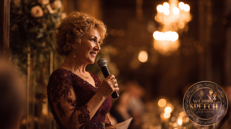 An older woman in an elegant burgundy dress holds a microphone and speaks at a formal event with warm lighting and blurred guests in the background.
