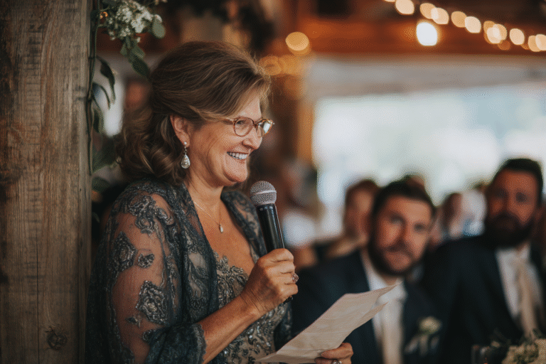 A woman in formal attire smiles while holding a microphone and reading from a paper at an indoor event, with people seated in the background.