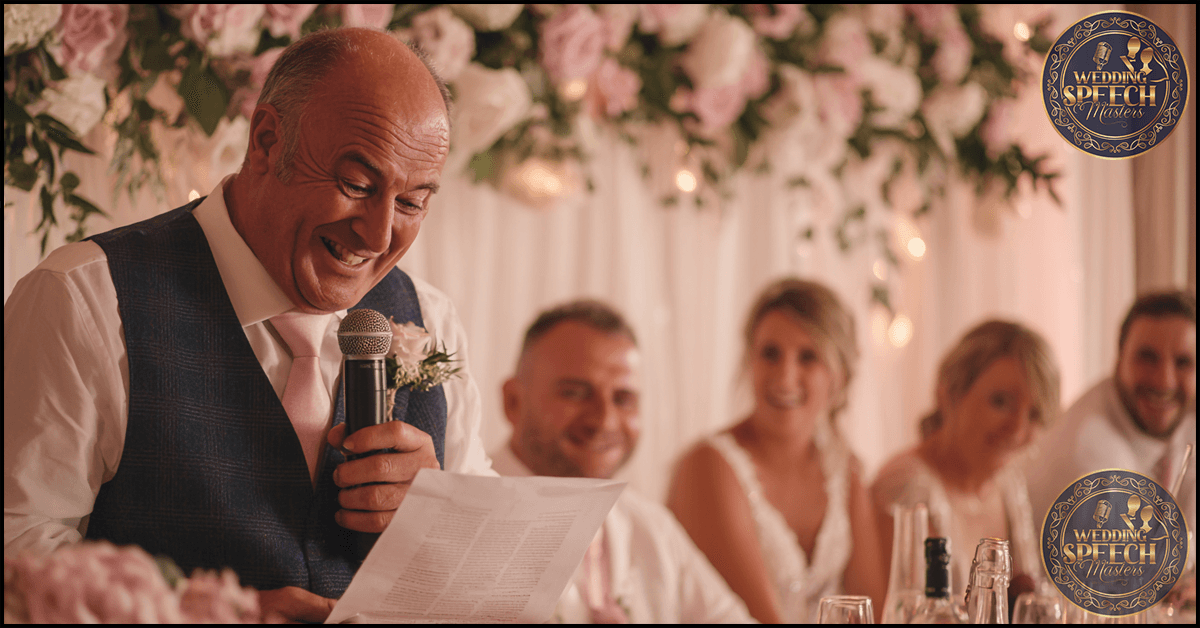 A man delivers the Step Father of the Groom Speech, speaking into a microphone while reading from a paper at a wedding reception table, with four smiling people seated beside him.
