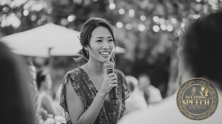 A woman holding a microphone smiles while speaking outdoors at an event, perhaps writing a couple's blessing, with blurred people and lights in the background.