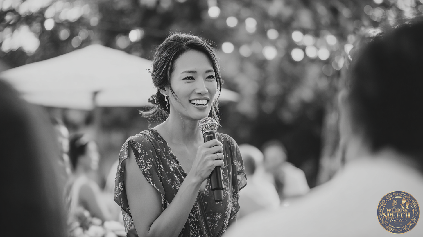 A woman holding a microphone smiles while speaking outdoors at an event, perhaps writing a couple's blessing, with blurred people and lights in the background.