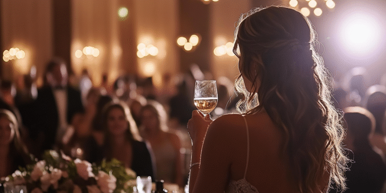 A woman in a formal dress holds a glass of wine and faces a seated audience in a warmly lit event hall.