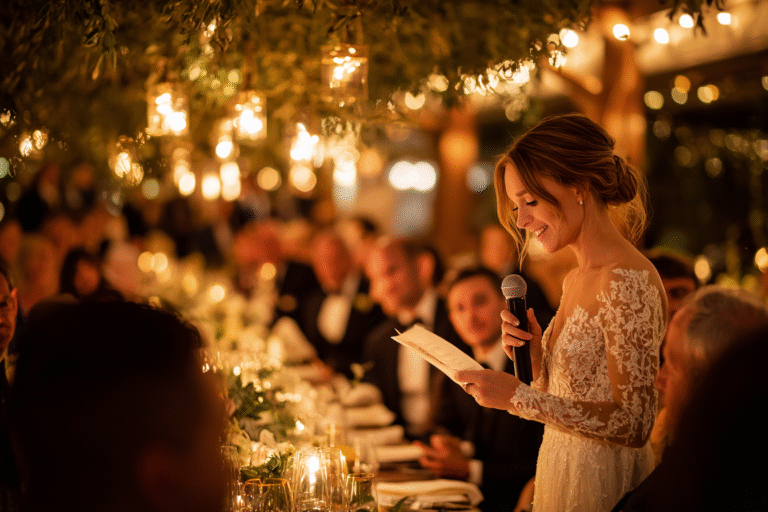 A bride in a lace wedding dress stands holding a microphone and reading a speech at a candlelit, elegantly decorated reception dinner.