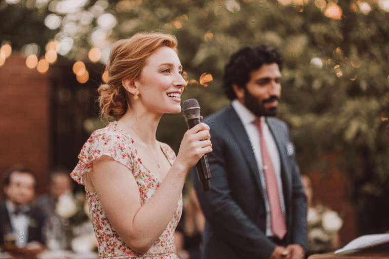 A woman in a floral dress speaks into a microphone at an outdoor event, with a man in a suit standing beside her and blurred guests in the background.