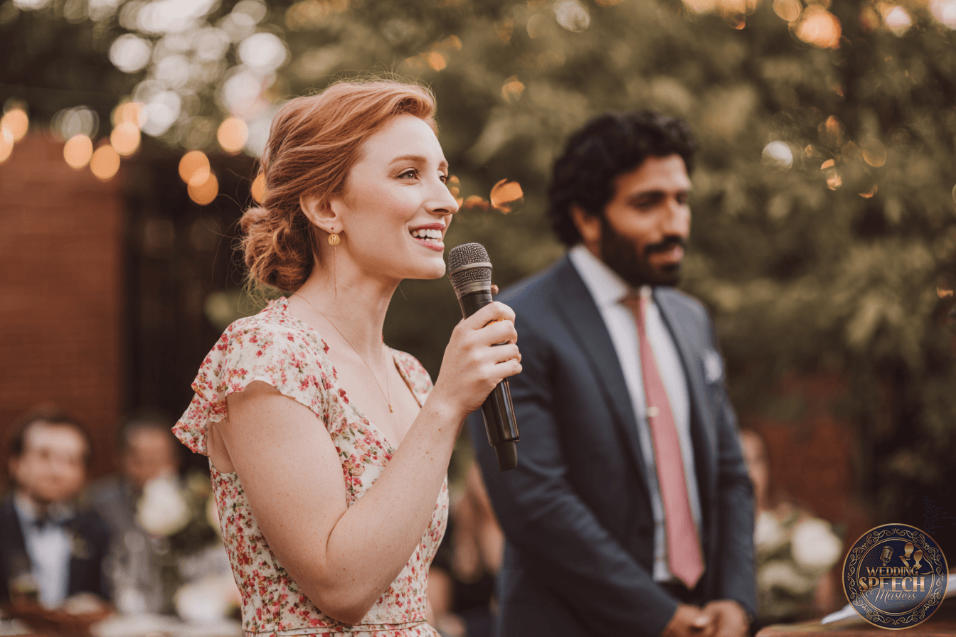 A woman in a floral dress speaks into a microphone at an outdoor event, with a man in a suit standing beside her and blurred guests in the background.