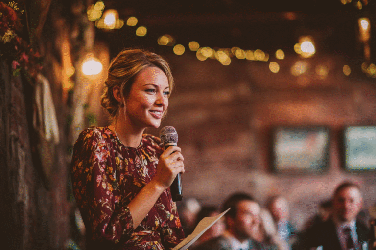 A woman in a floral dress holds a microphone and a piece of paper, speaking to an audience in a warmly lit, rustic indoor setting.