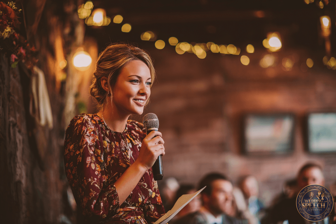 A woman in a floral dress holds a microphone and a piece of paper, speaking to an audience in a warmly lit, rustic indoor setting.