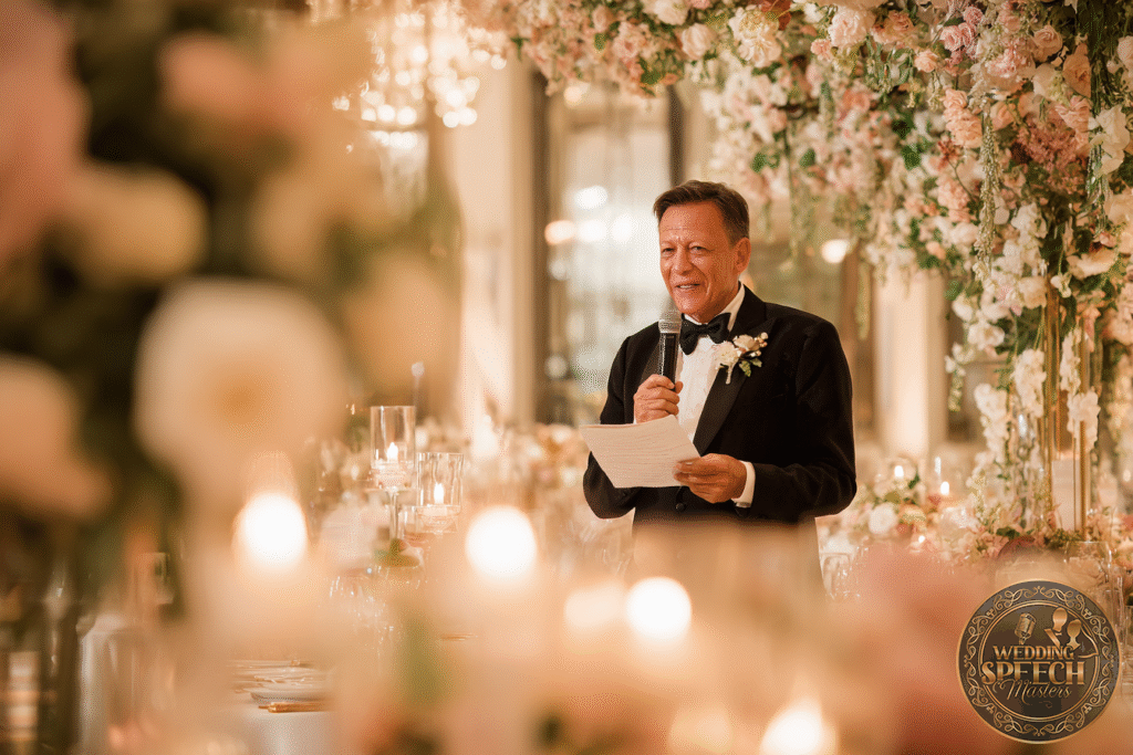 A man in a tuxedo holding a microphone and a sheet of paper speaks at an elegant event decorated with flowers and candles.