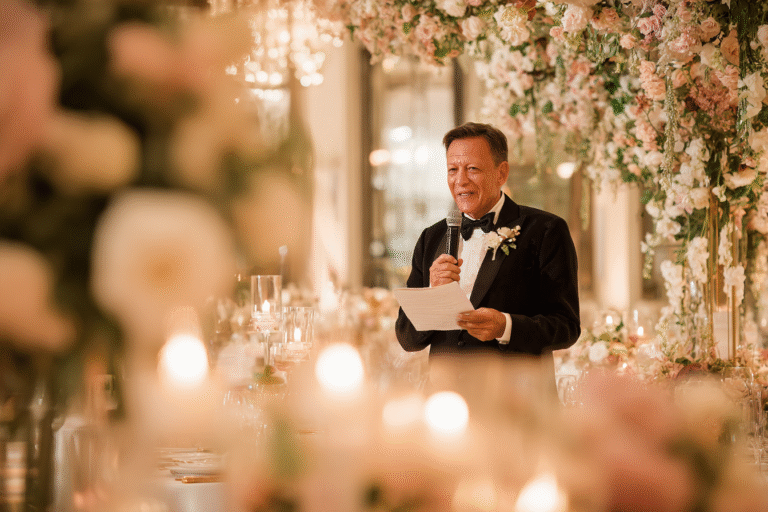 A man in a tuxedo holding a microphone and a sheet of paper speaks at an elegant event decorated with flowers and candles.