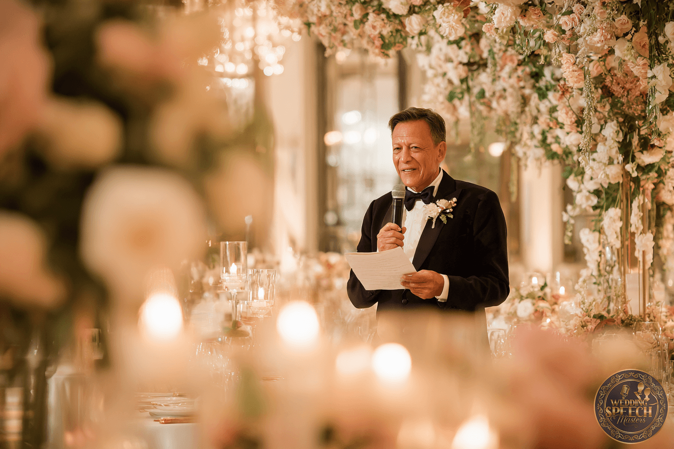 A man in a tuxedo holding a microphone and a sheet of paper speaks at an elegant event decorated with flowers and candles.