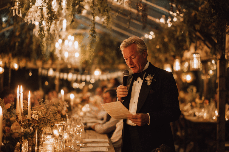 A man in a tuxedo stands at a decorated dinner table, holding a microphone and reading from a paper at an elegantly lit indoor event.