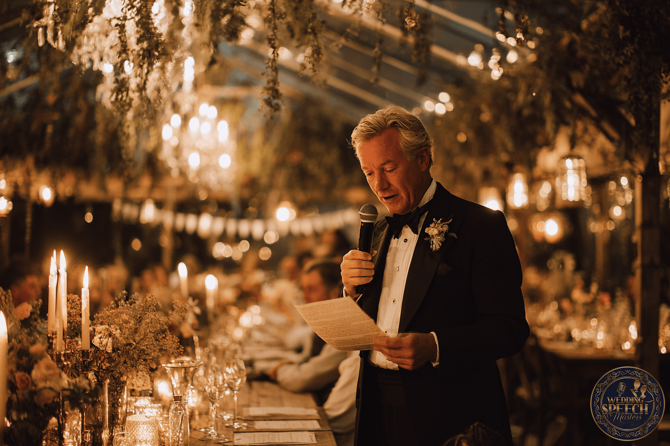 A man in a tuxedo stands at a decorated dinner table, holding a microphone and reading from a paper at an elegantly lit indoor event.