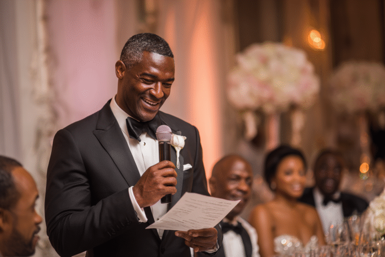 A man in a black tuxedo holds a microphone and reads from a paper while giving a speech at a formal event, with elegantly dressed guests seated behind him.