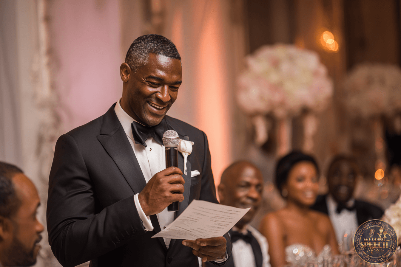 A man in a black tuxedo holds a microphone and reads from a paper while giving a speech at a formal event, with elegantly dressed guests seated behind him.