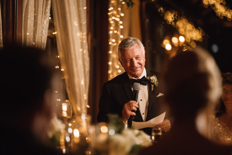 An older man in a tuxedo holds a microphone and a piece of paper, giving a speech at an elegant, warmly lit indoor event with string lights and candles.