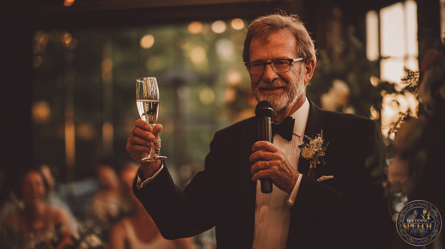 An older man in a tuxedo holds a microphone and raises a glass for a toast at an indoor event, offering inspiration for memorable speeches and Toasts Guides, with guests and floral decorations in the background.