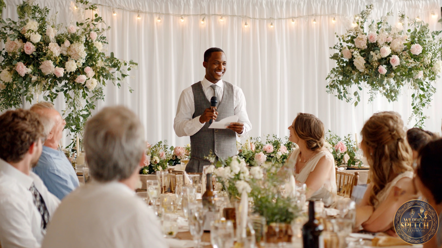 A man in a vest stands holding a microphone and speech notes, delivering one of the touching and emotional wedding toast examples to seated guests at a decorated wedding reception.