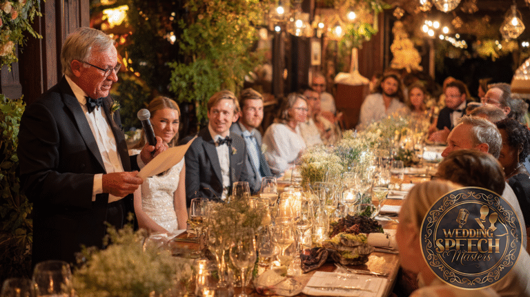 An older man in a tuxedo gives a speech with a microphone at a long, candlelit table, offering tradition and heartfelt wedding meal blessings to the formally dressed guests.