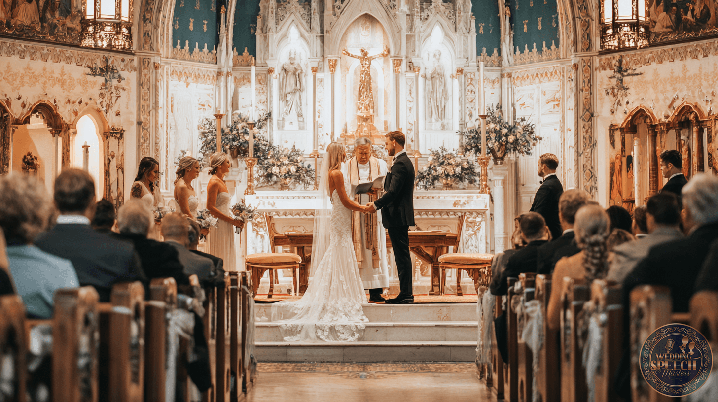 A bride and groom stand at the altar holding hands, ready to exchange traditional vows during a wedding ceremony in a decorated church, with guests seated and wedding party members nearby.