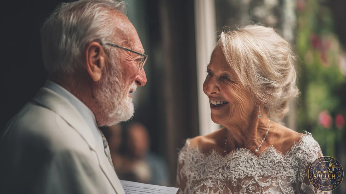An elderly couple dressed in formal attire smile at each other indoors, celebrating their vow renewals-the woman wearing a lace dress and the man holding a piece of paper.