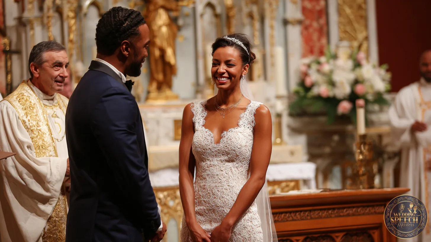A bride and groom stand at the altar, smiling at each other during their wedding ceremony in a beautifully decorated church with clergy present, inspired by heartfelt vow writing tips.