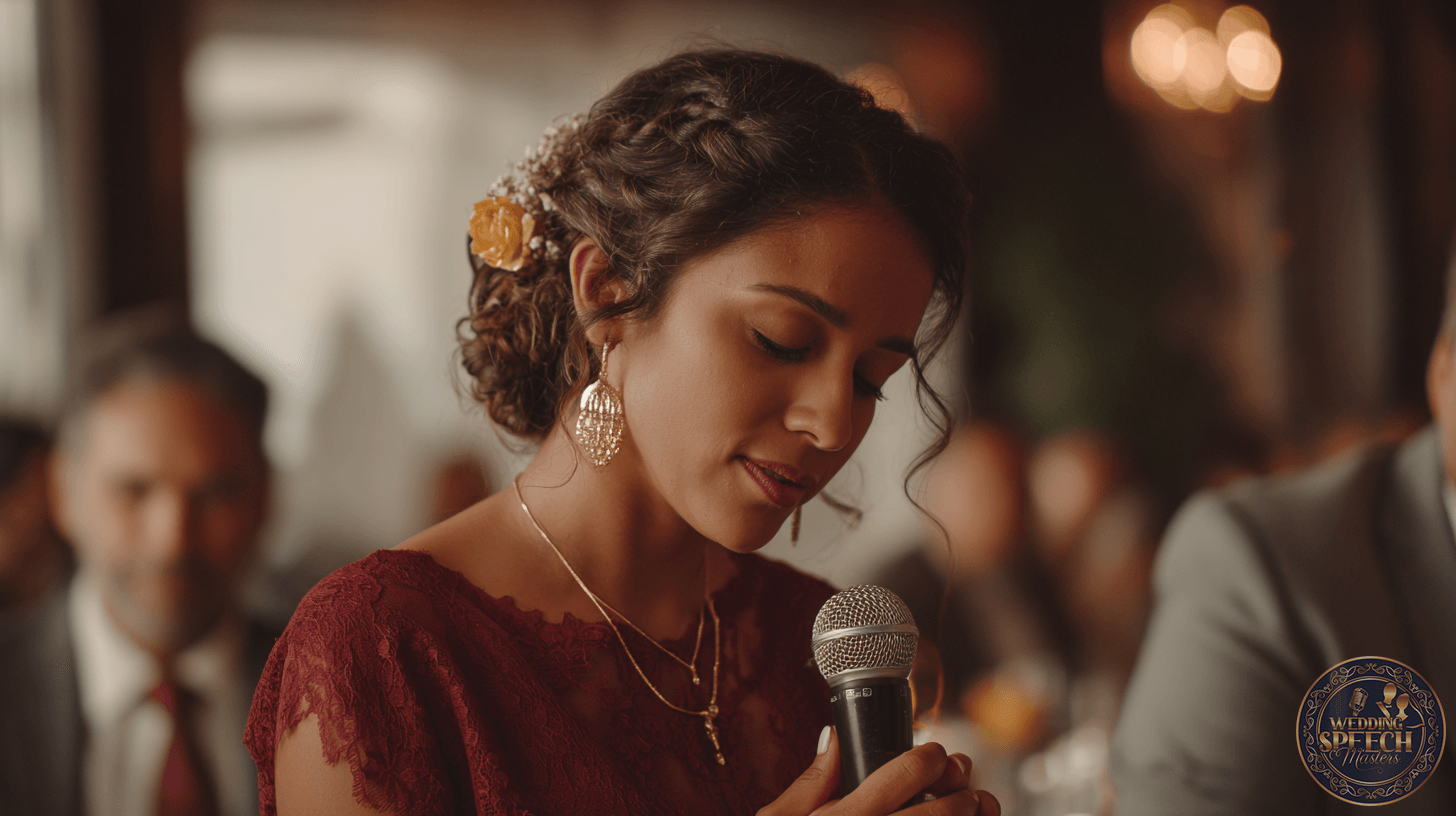 A woman in a burgundy dress holding a microphone speaks at an indoor event, offering heartfelt wedding blessings for the couple, adorned with gold earrings and a flower in her hair.