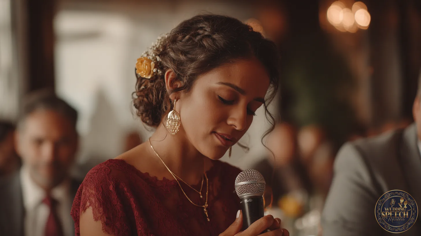 A woman in a burgundy dress holding a microphone speaks at an indoor event, offering heartfelt wedding blessings for the couple, adorned with gold earrings and a flower in her hair.