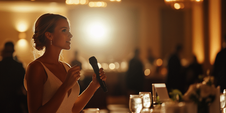 A woman in a white dress holds a microphone, speaking at a formal event with dim lighting and guests in the background.