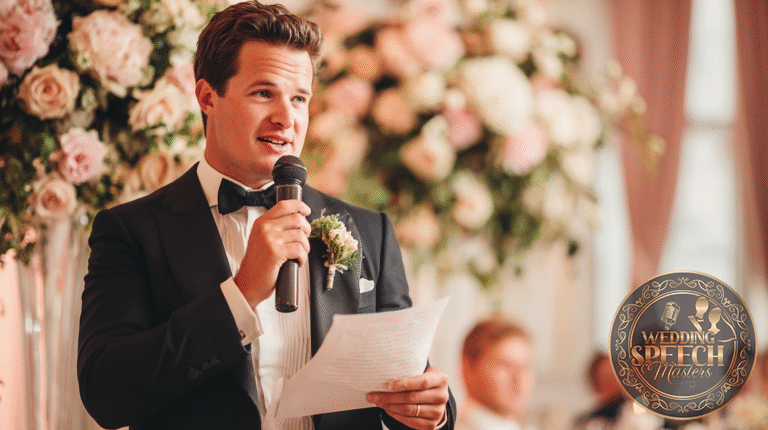 A man in a tuxedo holds a microphone and a sheet of paper, speaking at an event with floral decorations and seated guests in the background.