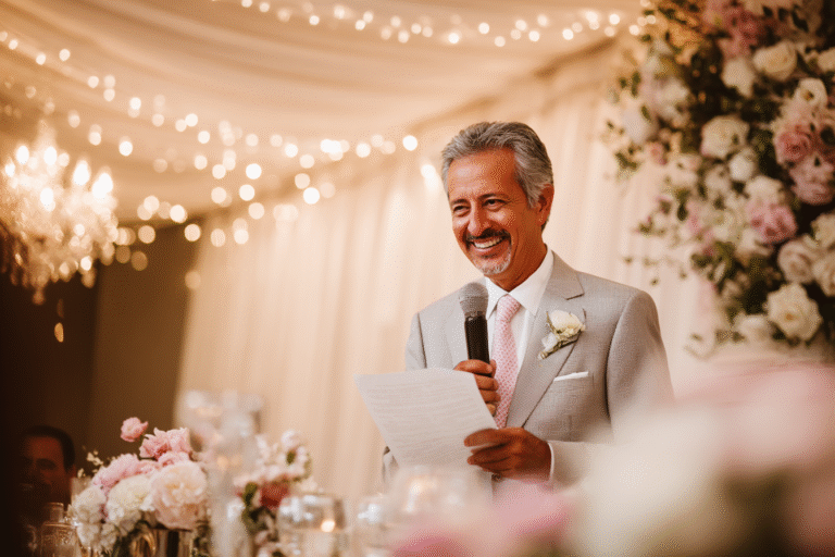 An older man in a light suit and boutonniere smiles while giving a speech at a wedding reception, holding a microphone and notes, with floral decorations and string lights in the background.