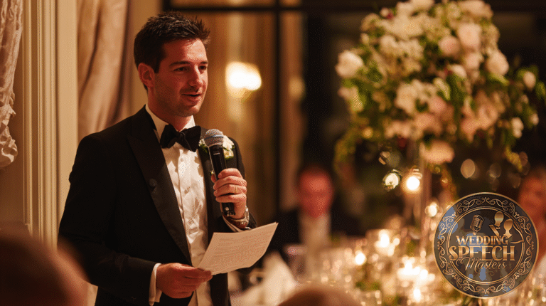 A man in a tuxedo holds a microphone and a sheet of paper, speaking at a formal event with candlelit tables and floral arrangements in the background.