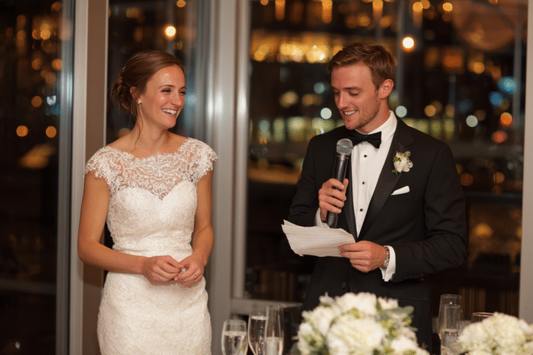 A bride in a lace wedding dress smiles as a groom in a tuxedo reads from a paper with a microphone during a reception.
