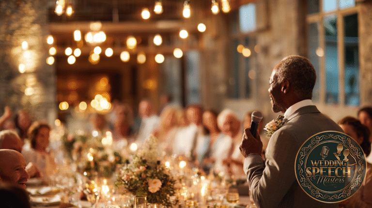 An older man in a suit holds a microphone and speaks to guests seated at decorated tables during a formal event in a warmly lit venue.