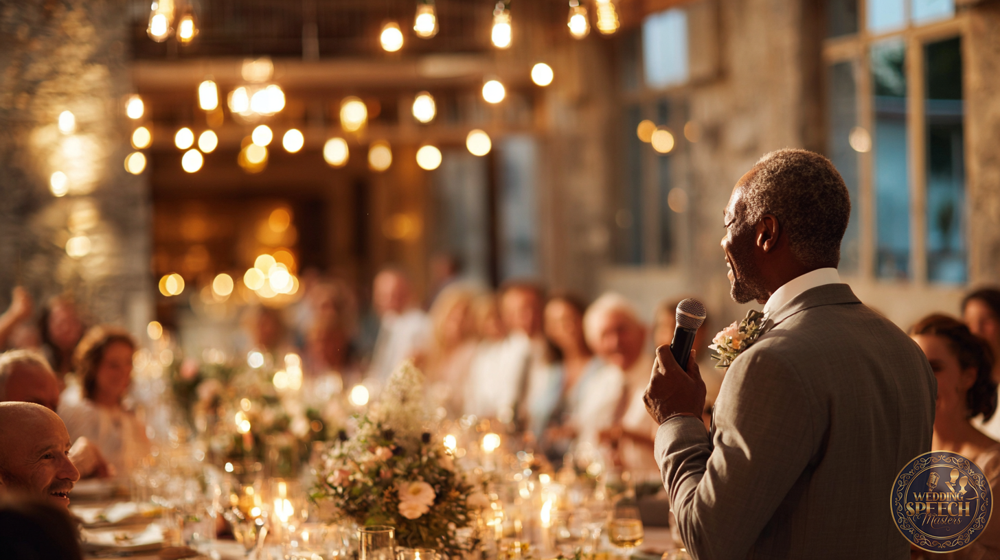 An older man in a suit holds a microphone and speaks to guests seated at decorated tables during a formal event in a warmly lit venue.